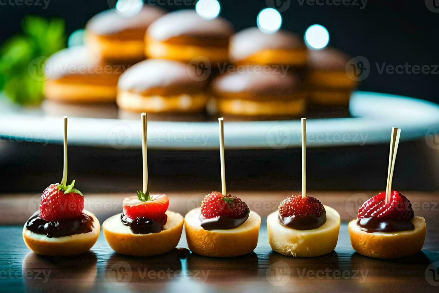 mini cheesecakes med jordgubbar och choklad. ai-genererad foto