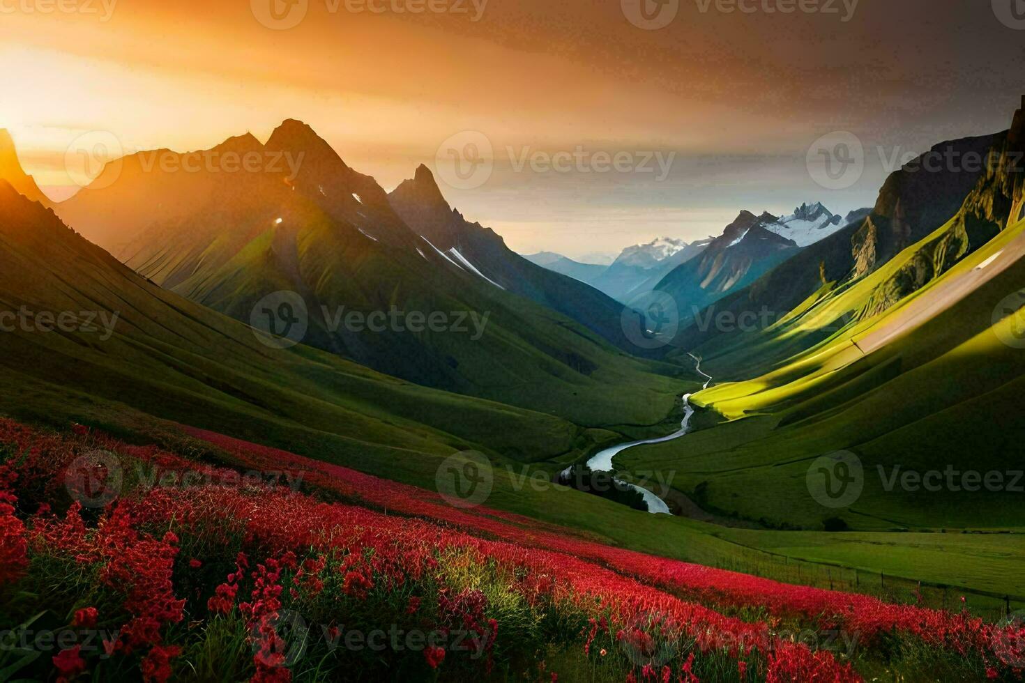 de Sol uppsättningar över en dal med röd blommor. ai-genererad foto
