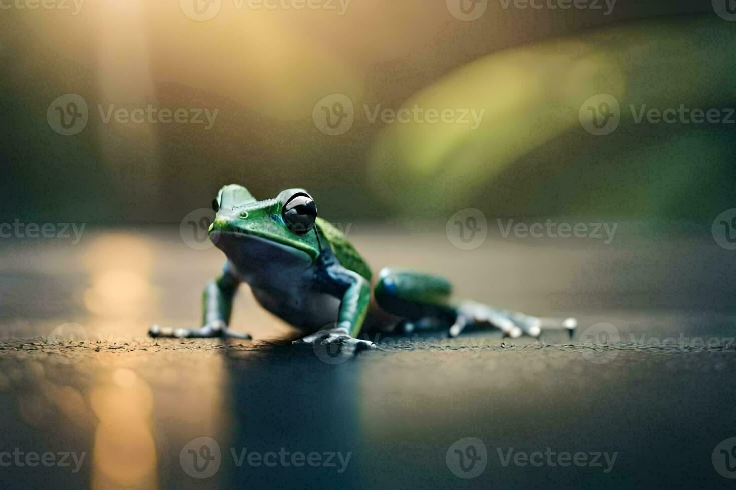 en groda Sammanträde på en tabell med en suddigt bakgrund. ai-genererad foto