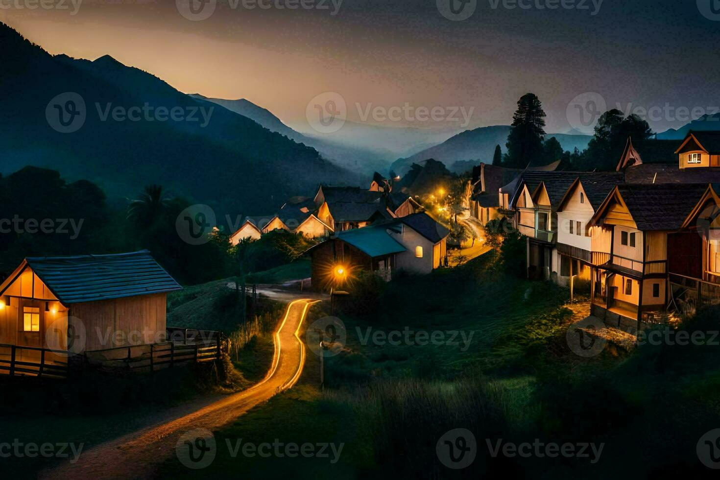 en by på skymning i de berg. ai-genererad foto