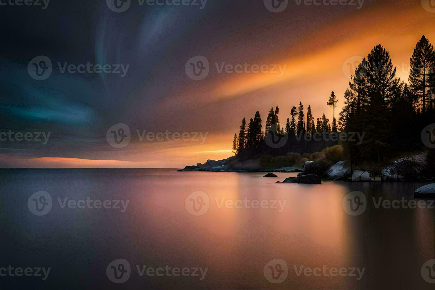 en skön solnedgång över de vatten med träd. ai-genererad foto