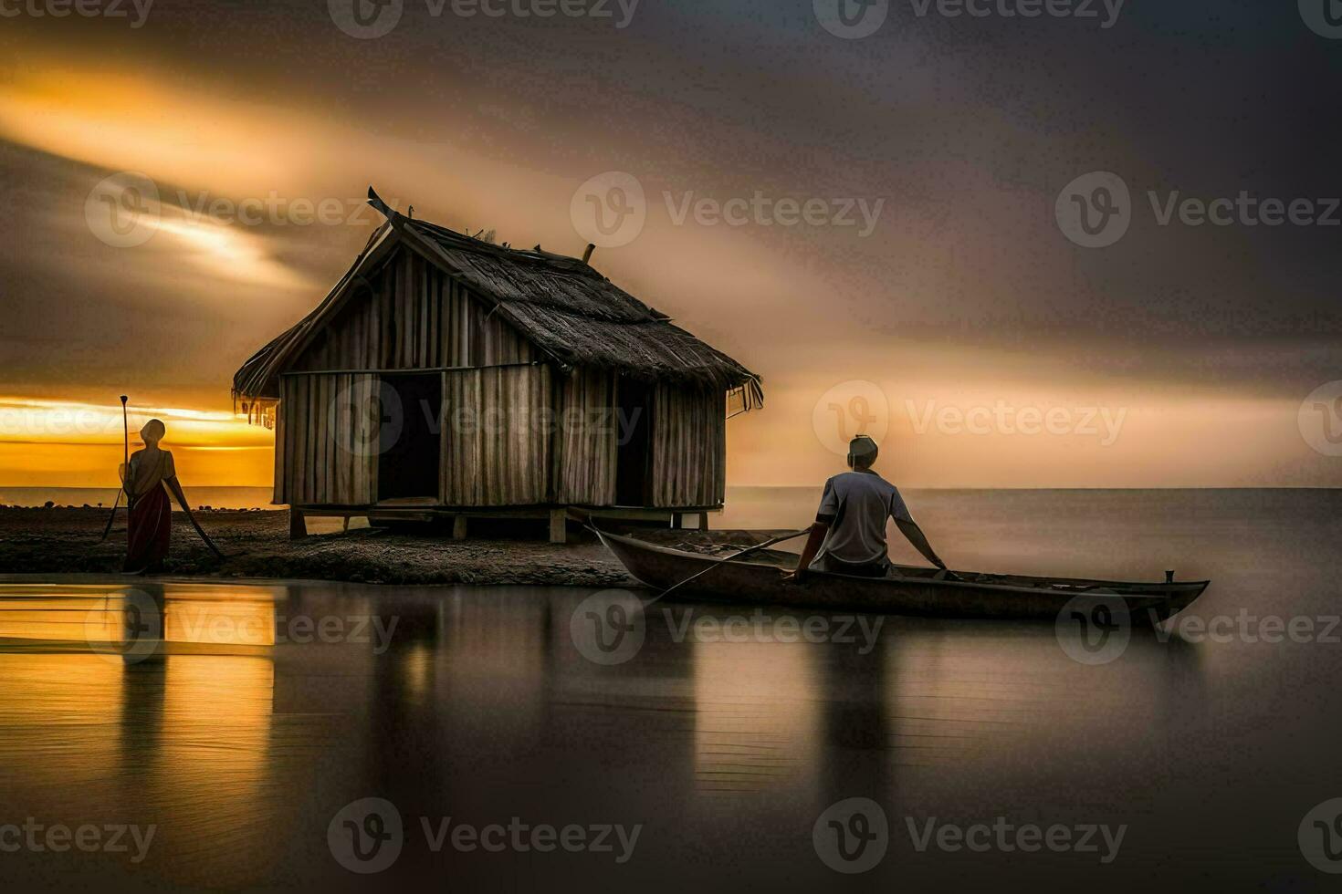 två människor i en båt på solnedgång. ai-genererad foto