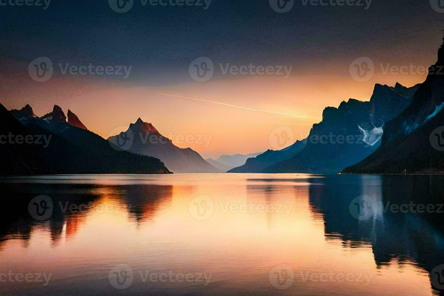 de bergen är reflekterad i de vatten på solnedgång. ai-genererad foto