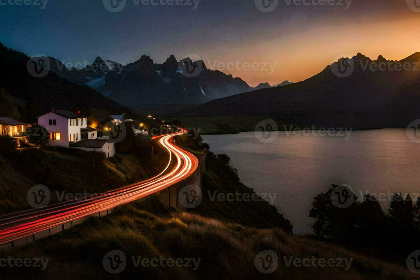 en bil enheter längs en väg i främre av en sjö och berg. ai-genererad foto