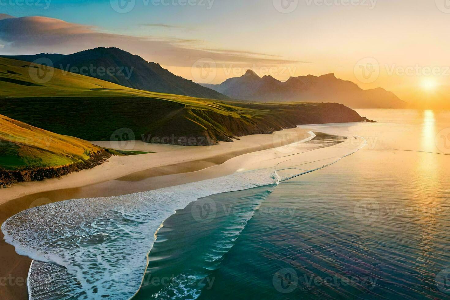 de Sol uppsättningar över en strand och berg. ai-genererad foto