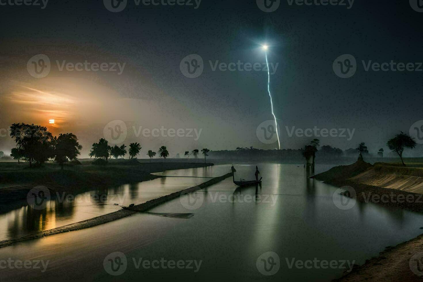 en blixt- bult ränder tvärs över de himmel över en flod. ai-genererad foto