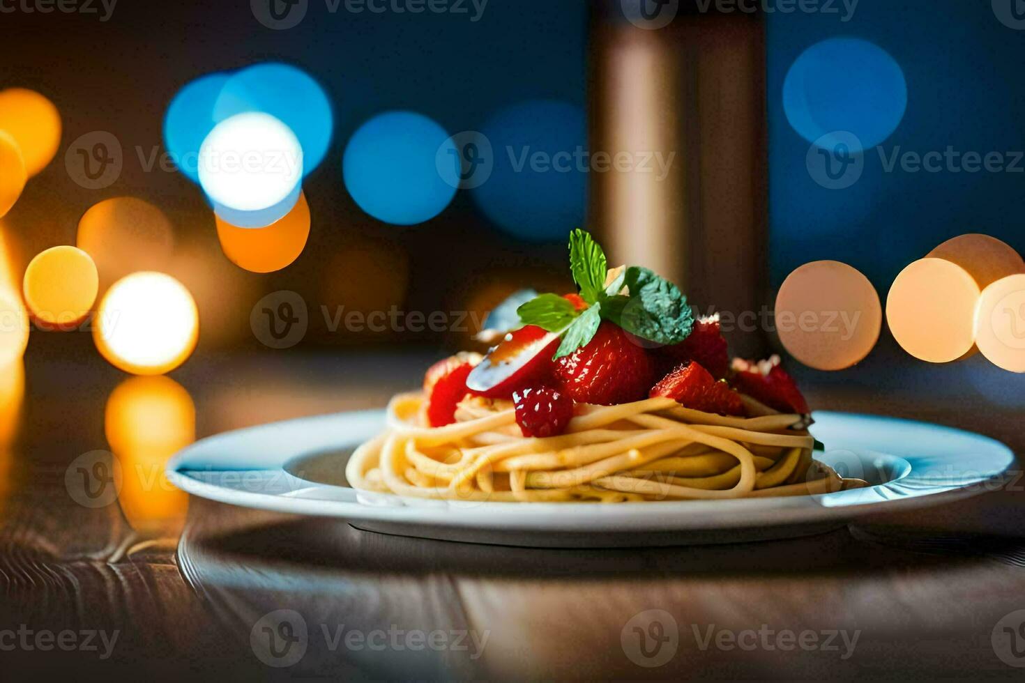 en tallrik av spaghetti med jordgubbar och mynta på en trä- tabell. ai-genererad foto