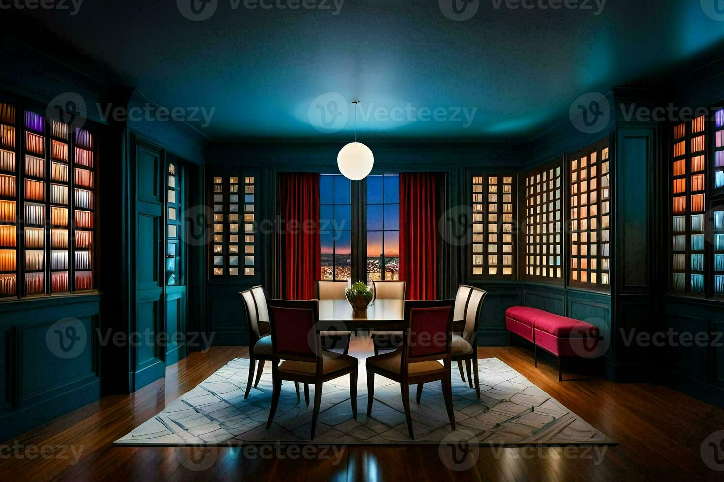 en dining rum med blå väggar och röd stolar. ai-genererad foto