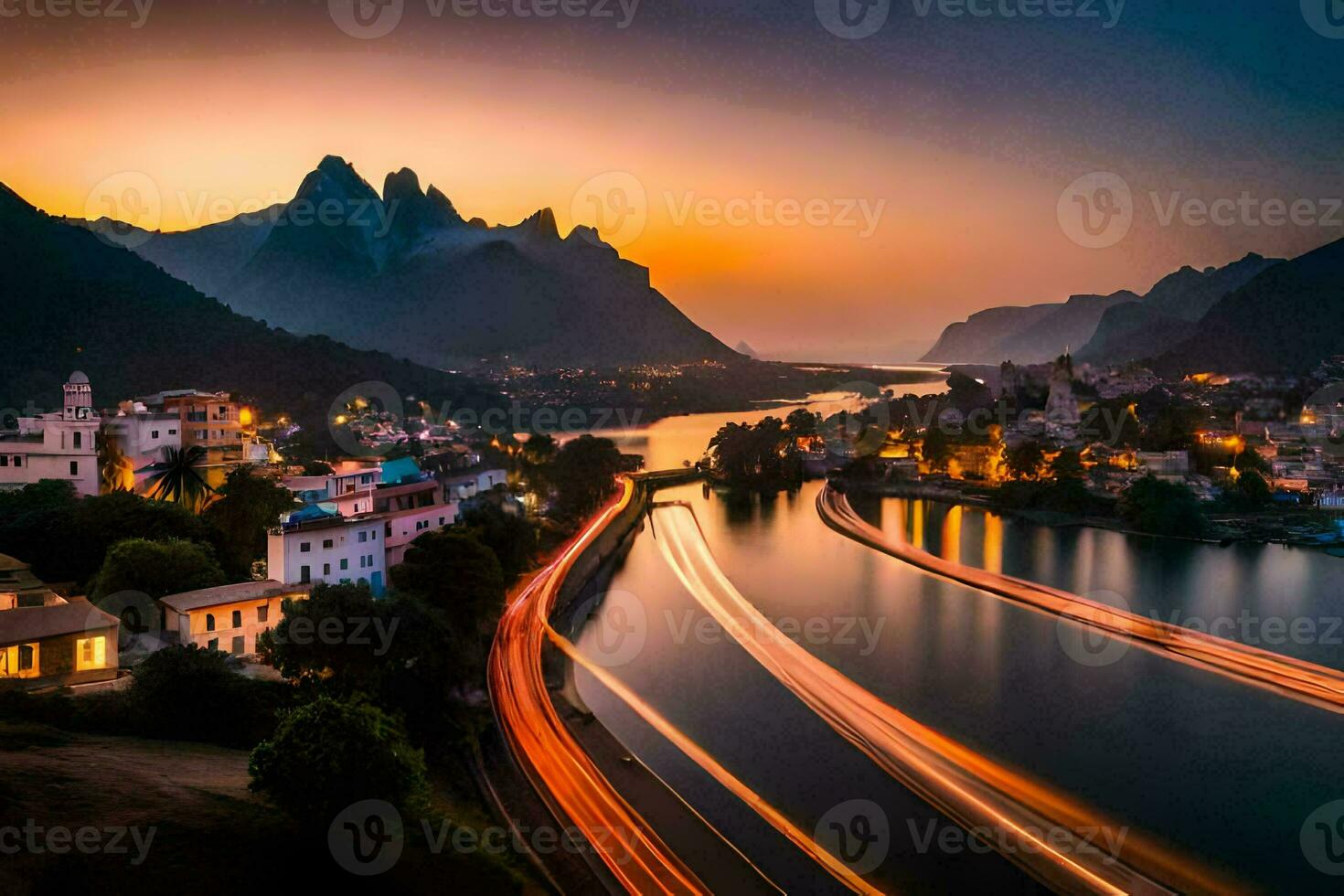 en flod och stad på solnedgång med bergen i de bakgrund. ai-genererad foto