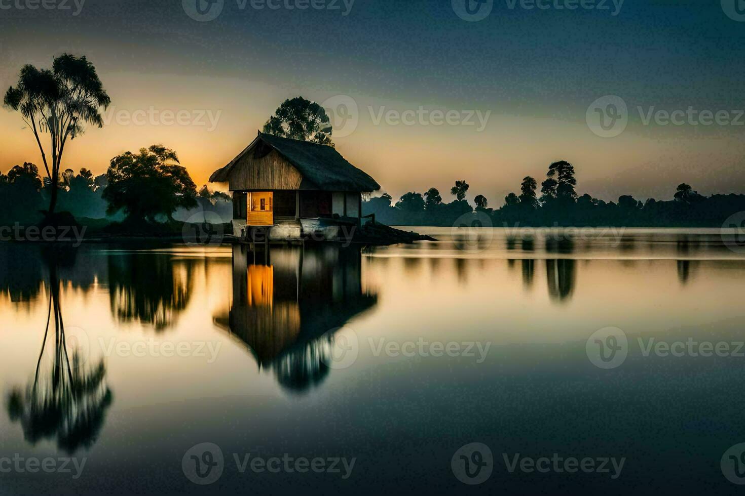 en små hydda sitter på de Strand av en sjö på soluppgång. ai-genererad foto