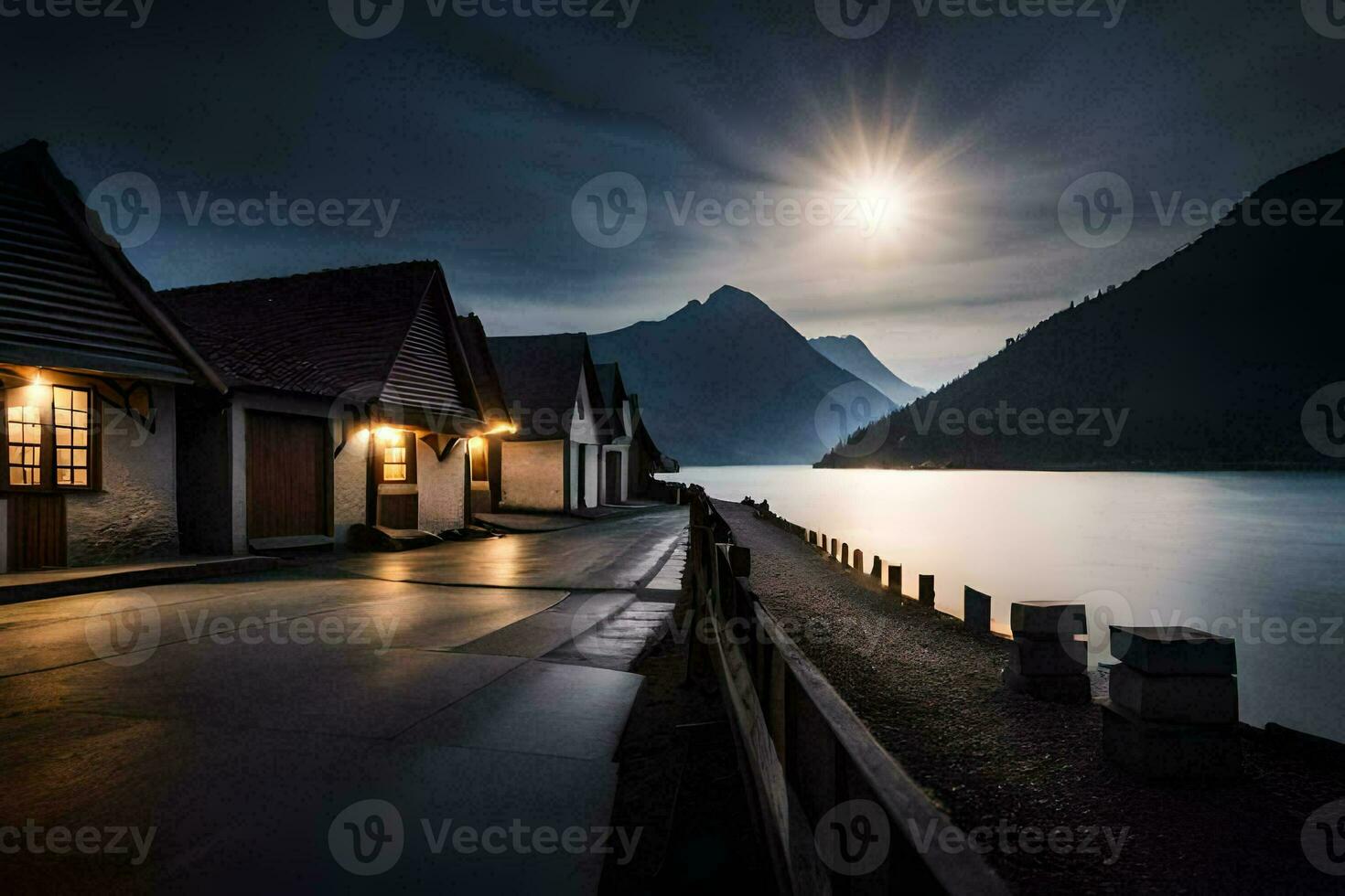 en månljus sjö och hus på de Strand. ai-genererad foto