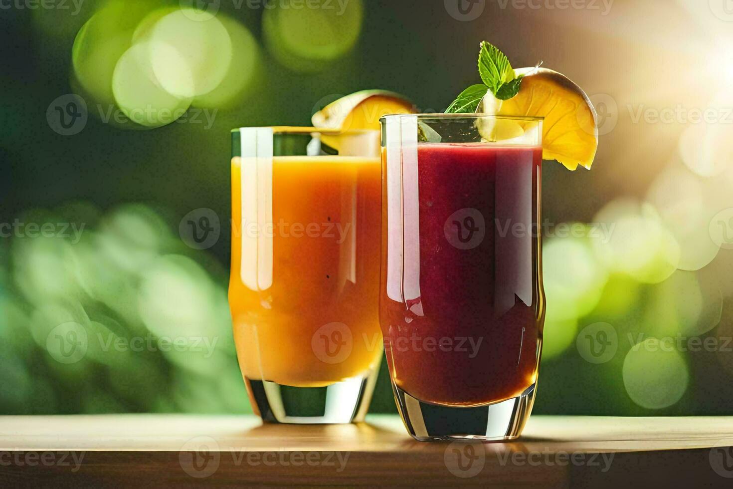 två glasögon av juice med orange och citron- skivor. ai-genererad foto