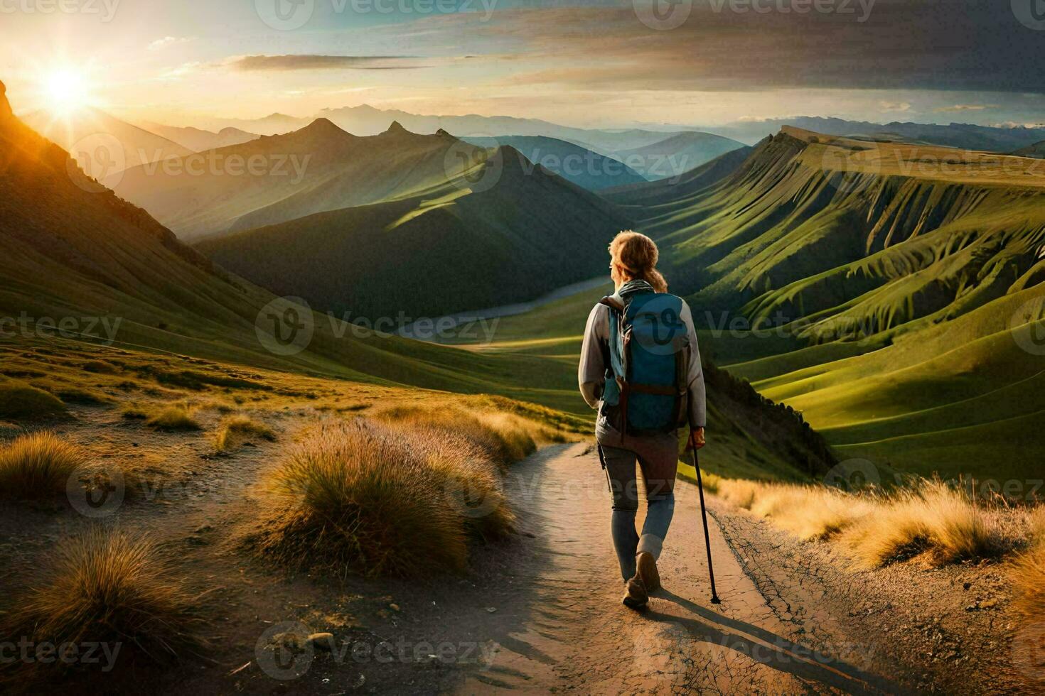 en kvinna med ryggsäck och vandring poler är gående på en väg i de berg. ai-genererad foto