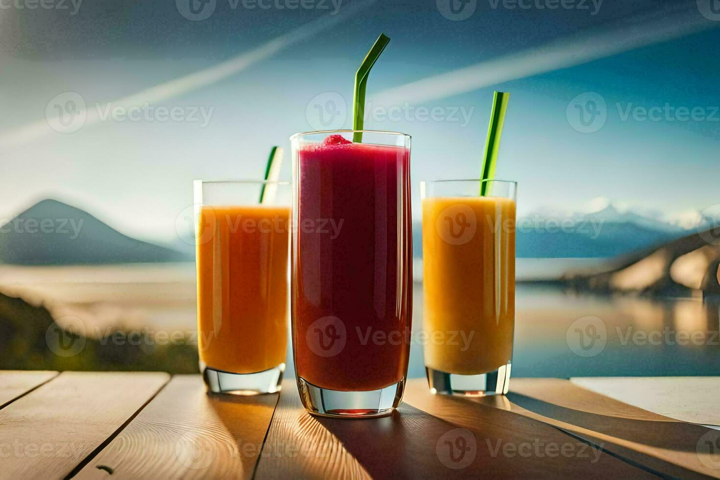 tre glasögon av juice på en trä- tabell. ai-genererad foto