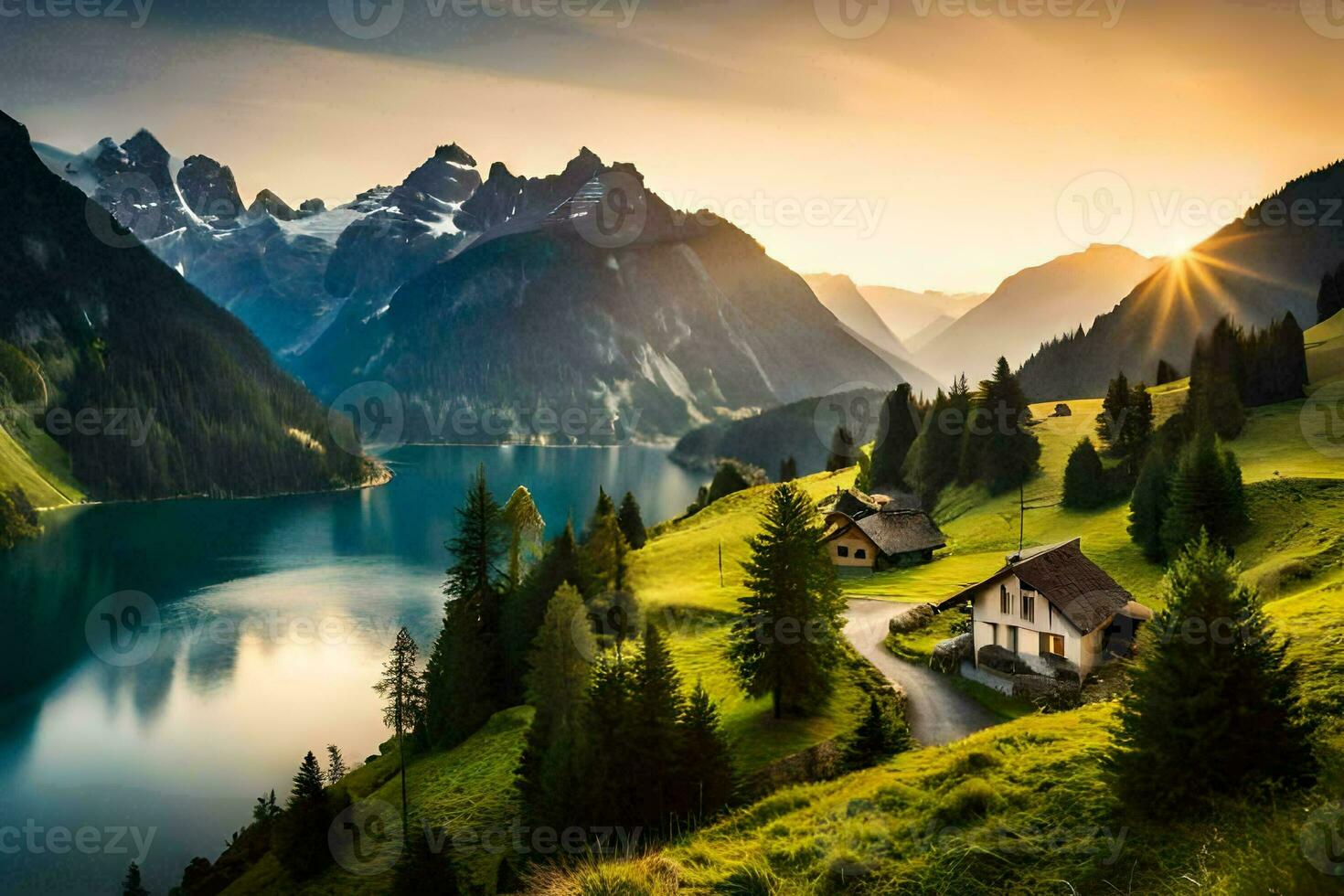 en hus sitter på en kulle utsikt en sjö och berg. ai-genererad foto
