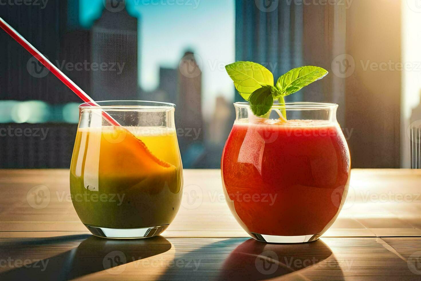två glasögon av juice med en sugrör och en sugrör. ai-genererad foto