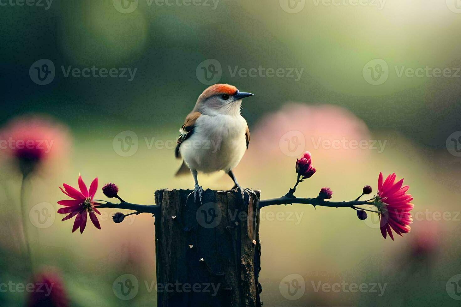 Foto tapet fågel, blommor, de himmel, de Sol, de blommor, de fågel, de. ai-genererad