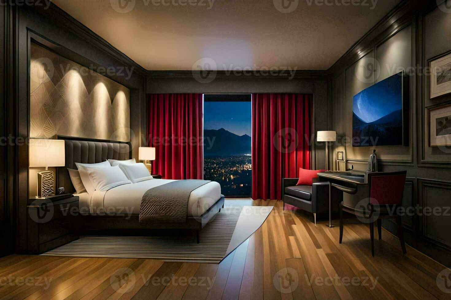 en hotell rum med en säng, skrivbord och en se av de stad. ai-genererad foto