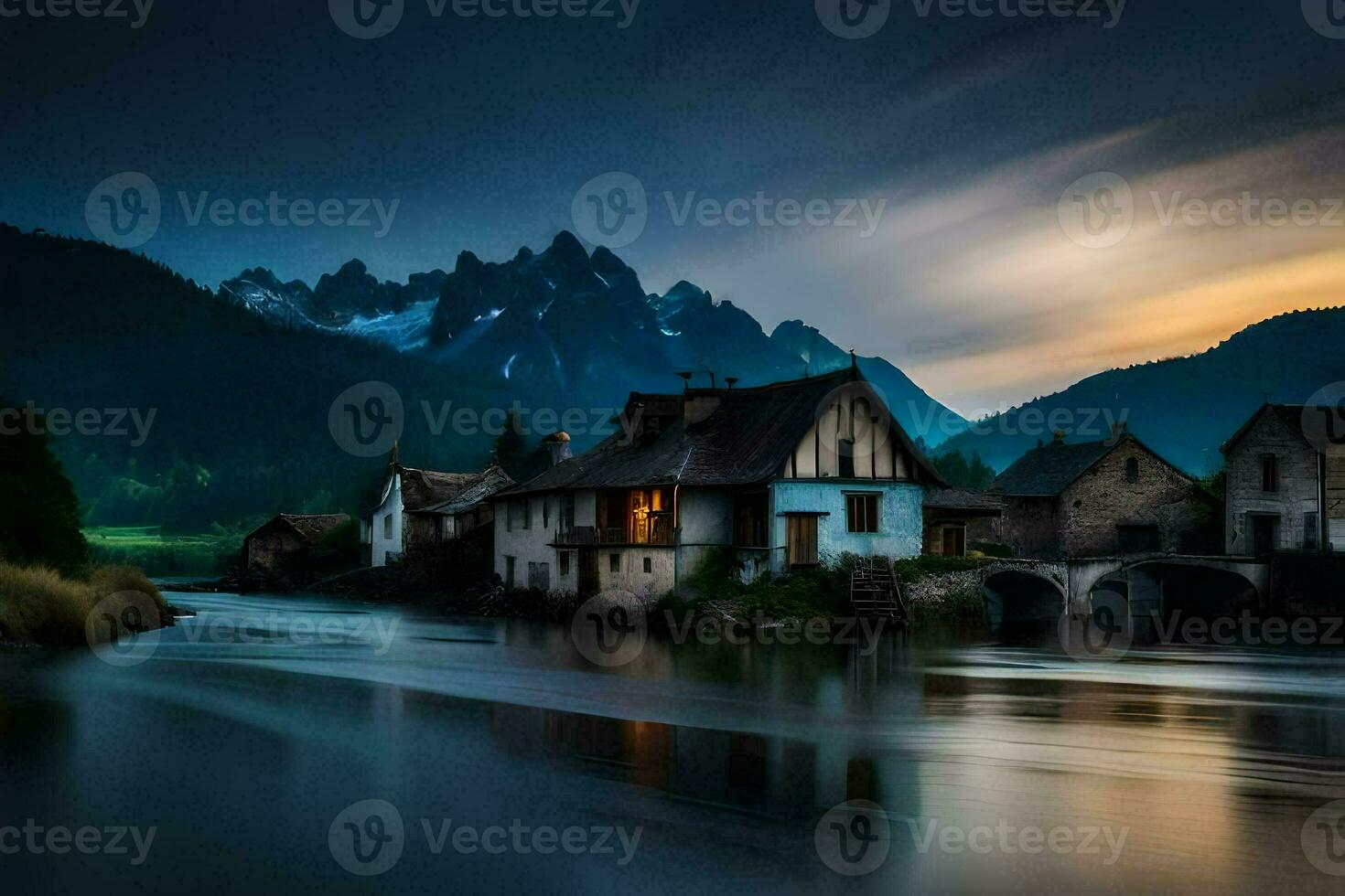 en flod och hus i de berg. ai-genererad foto