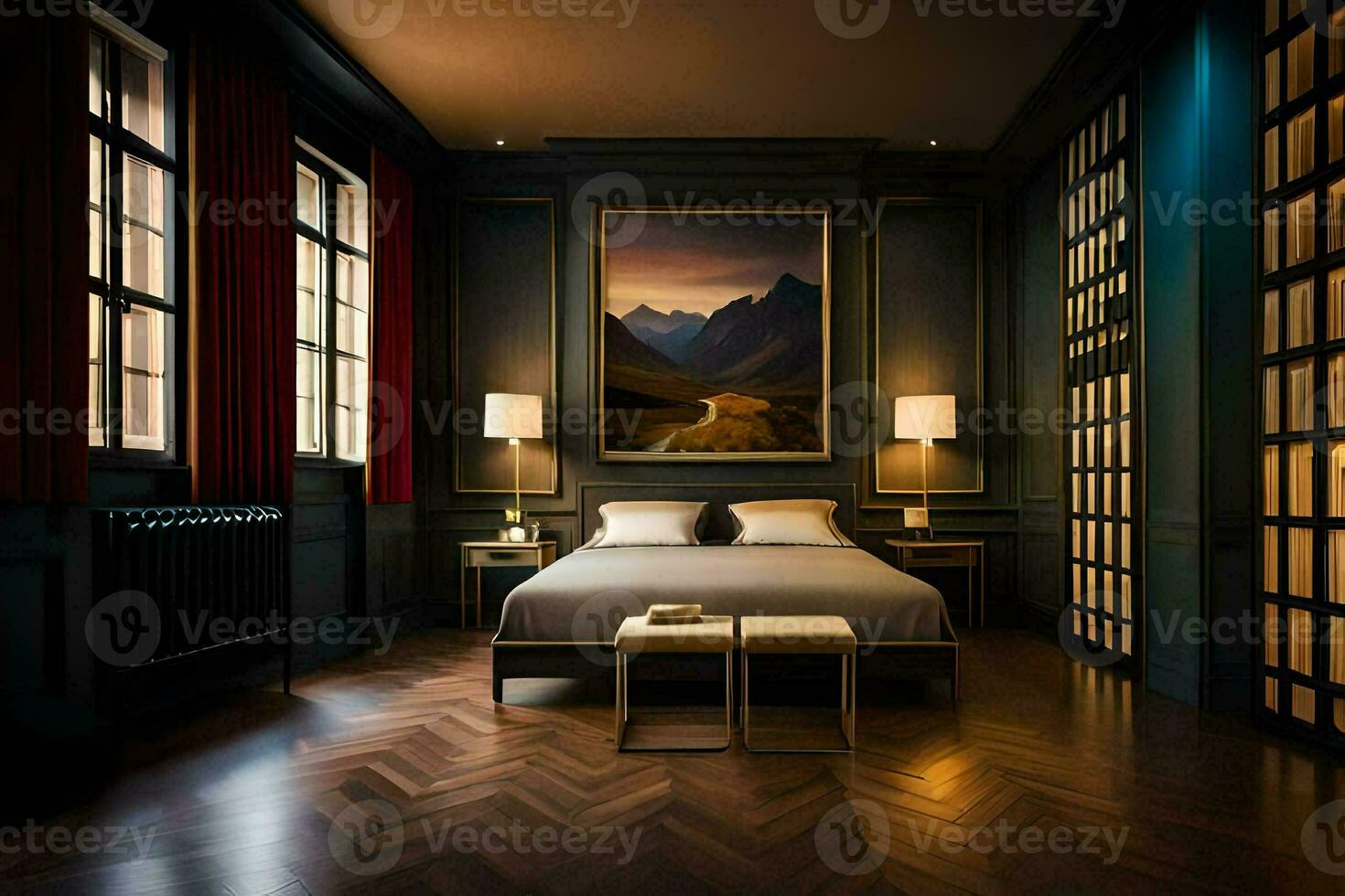 en sovrum med mörk trä golv och en målning på de vägg. ai-genererad foto