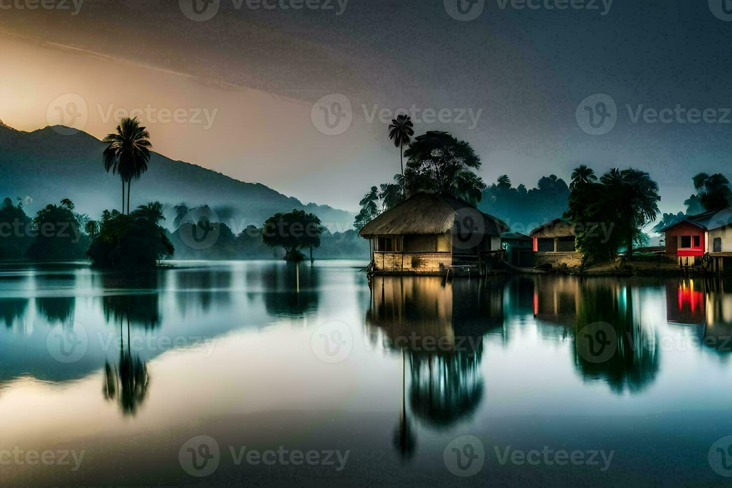 en sjö med hus på den på soluppgång. ai-genererad foto