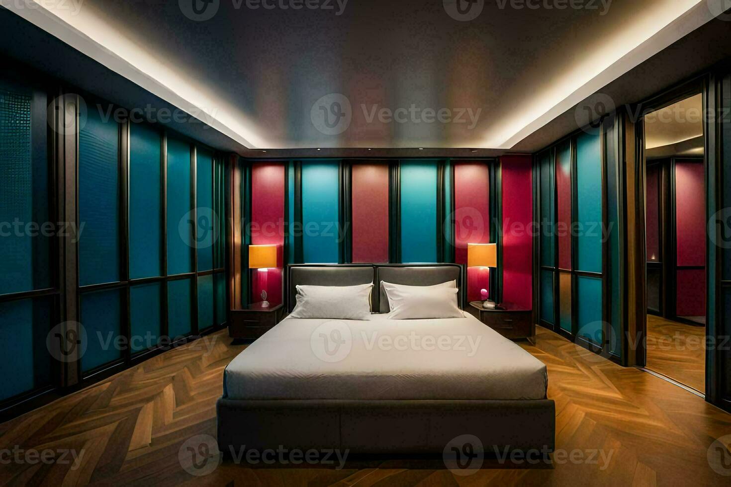 en säng eller sängar i en rum på de hotell. ai-genererad foto