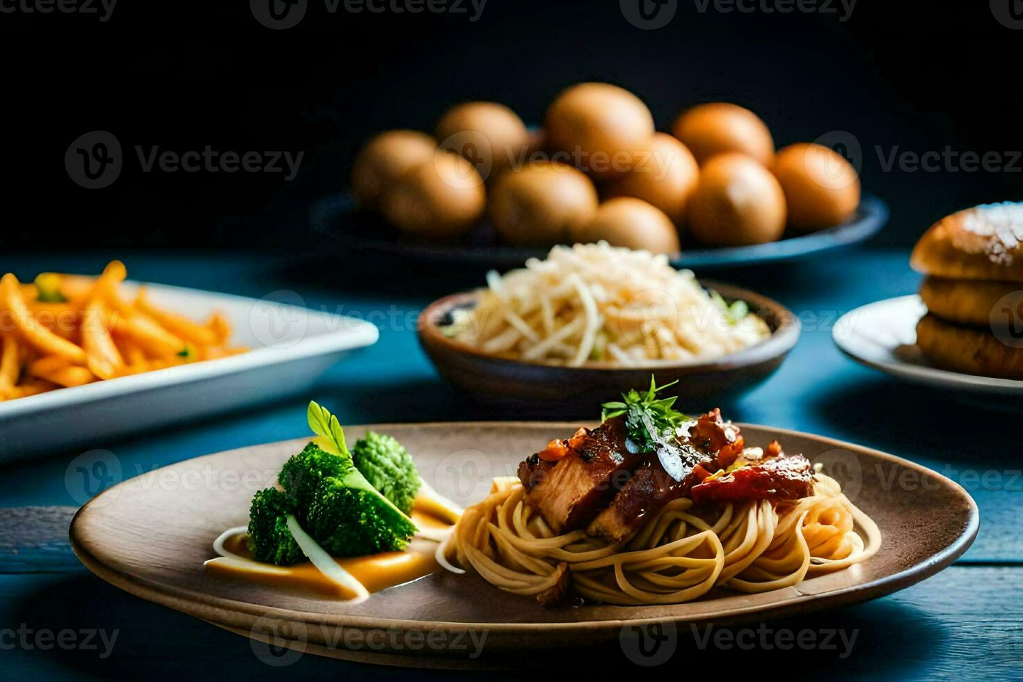 en tallrik av spaghetti, broccoli och ägg på en tabell. ai-genererad foto