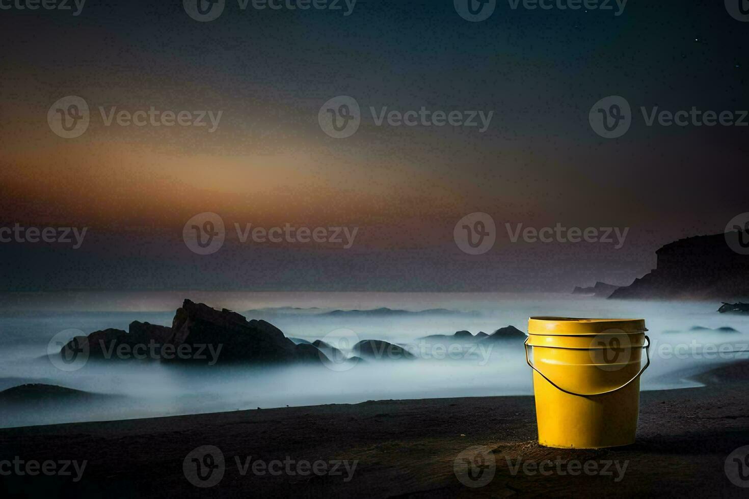 en gul hink sitter på de strand på natt. ai-genererad foto