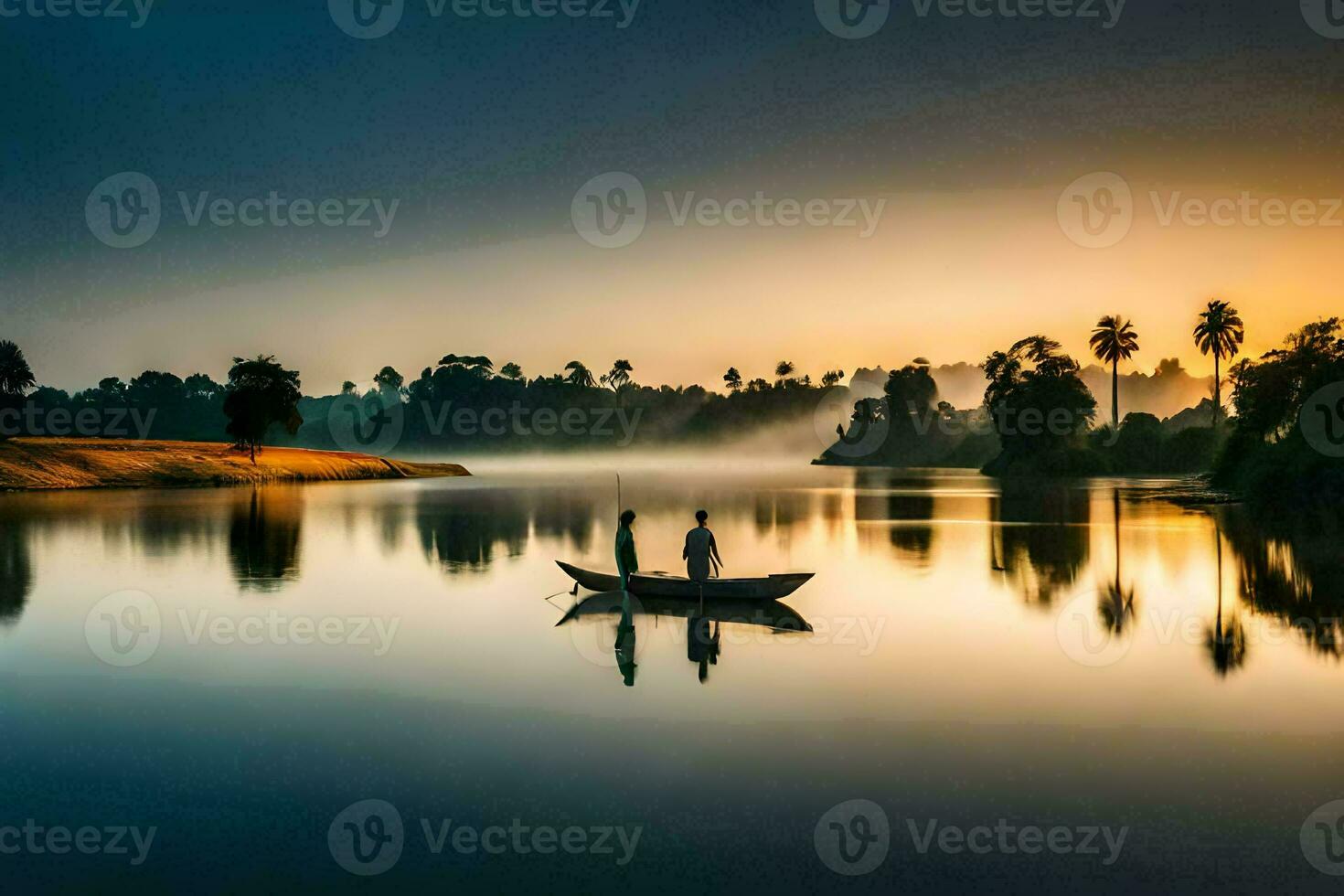 två människor i en båt på en sjö på soluppgång. ai-genererad foto