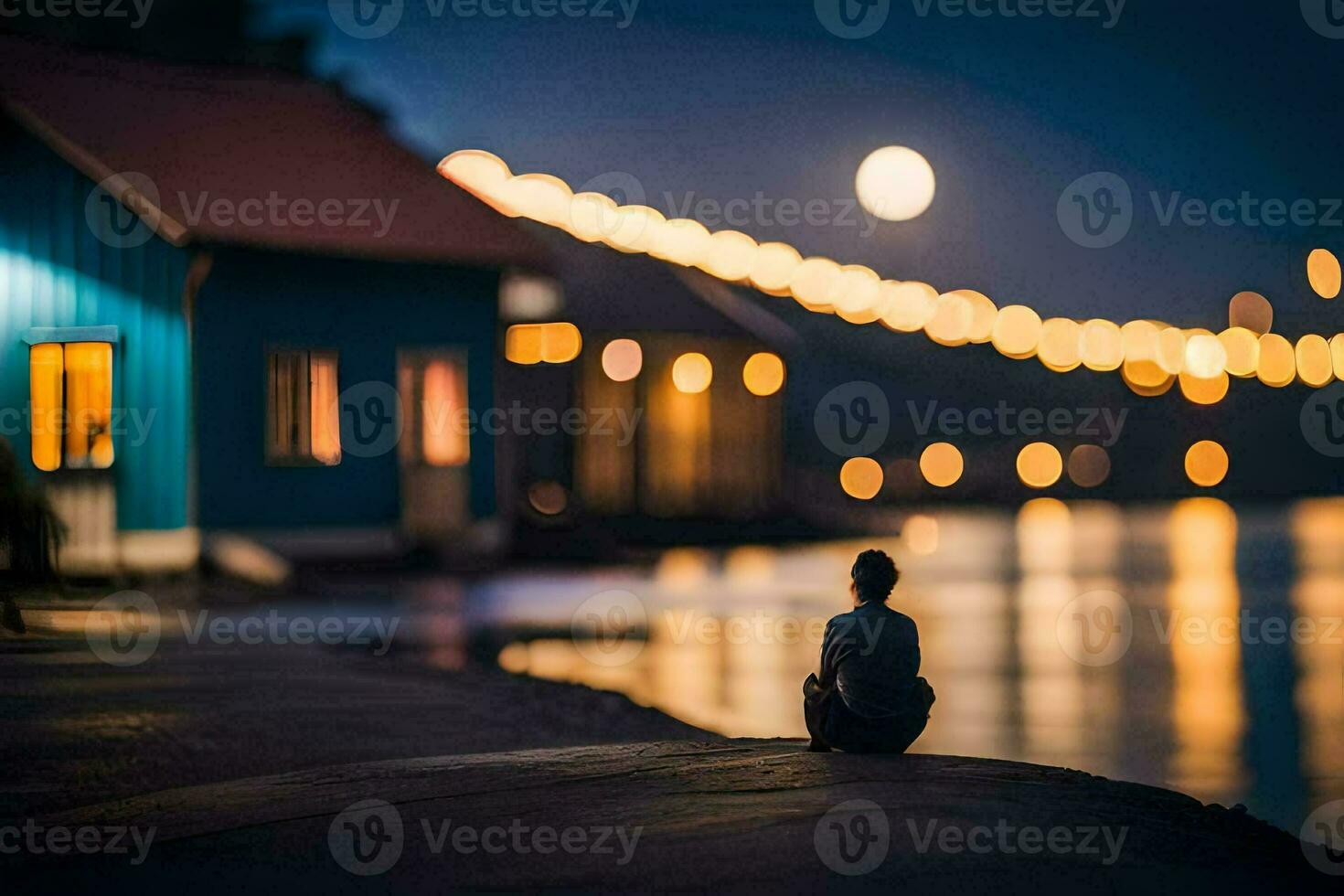 en person Sammanträde på de kant av de vatten på natt. ai-genererad foto