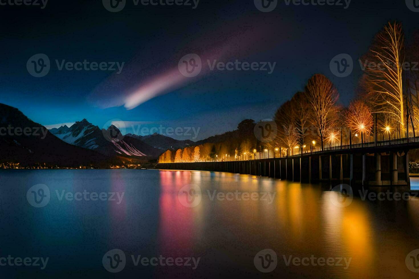 en bro över en sjö på natt med lampor reflekterande av de vatten. ai-genererad foto