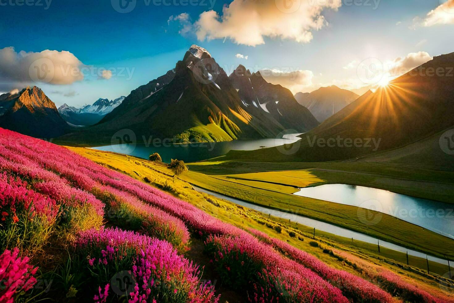 de Sol stiger över de bergen och blommor i de dal. ai-genererad foto