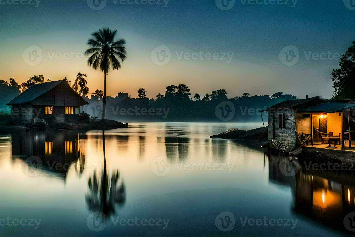 en hus på de vatten på solnedgång. ai-genererad foto