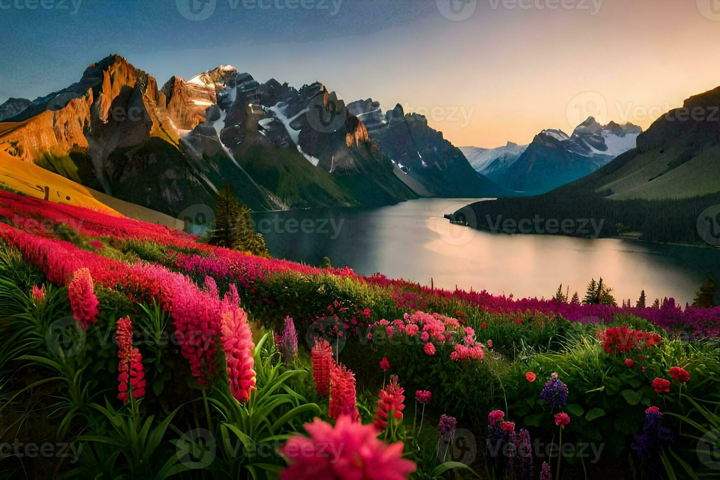 de Sol uppsättningar över en sjö och bergen med rosa blommor. ai-genererad foto