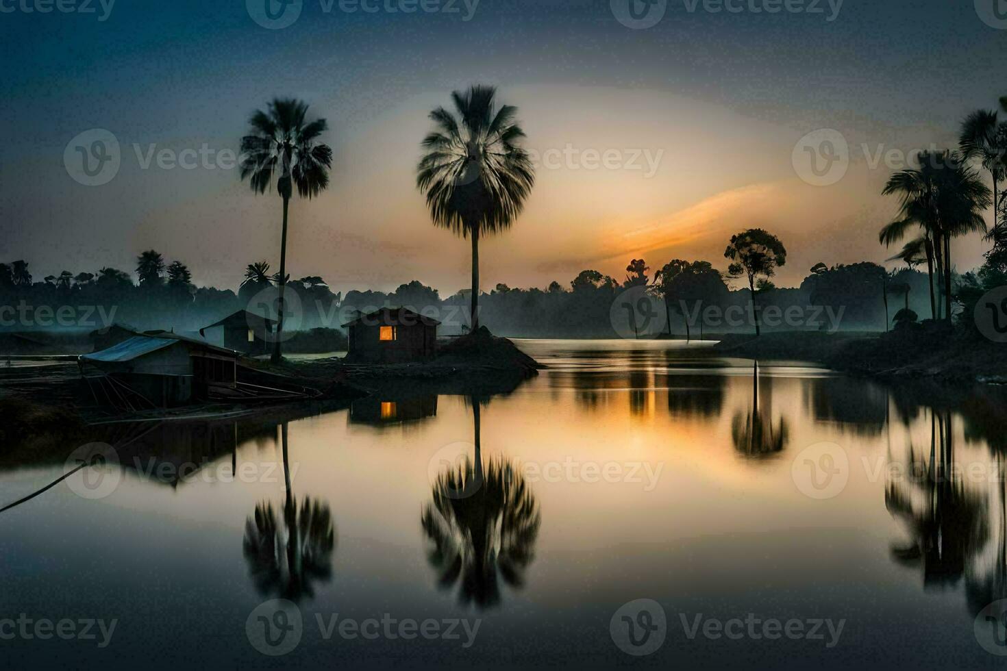 en flod med handflatan träd och en hus på solnedgång. ai-genererad foto