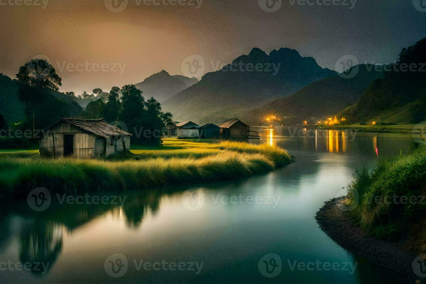 en flod och några hus i de mitten av en berg räckvidd. ai-genererad foto