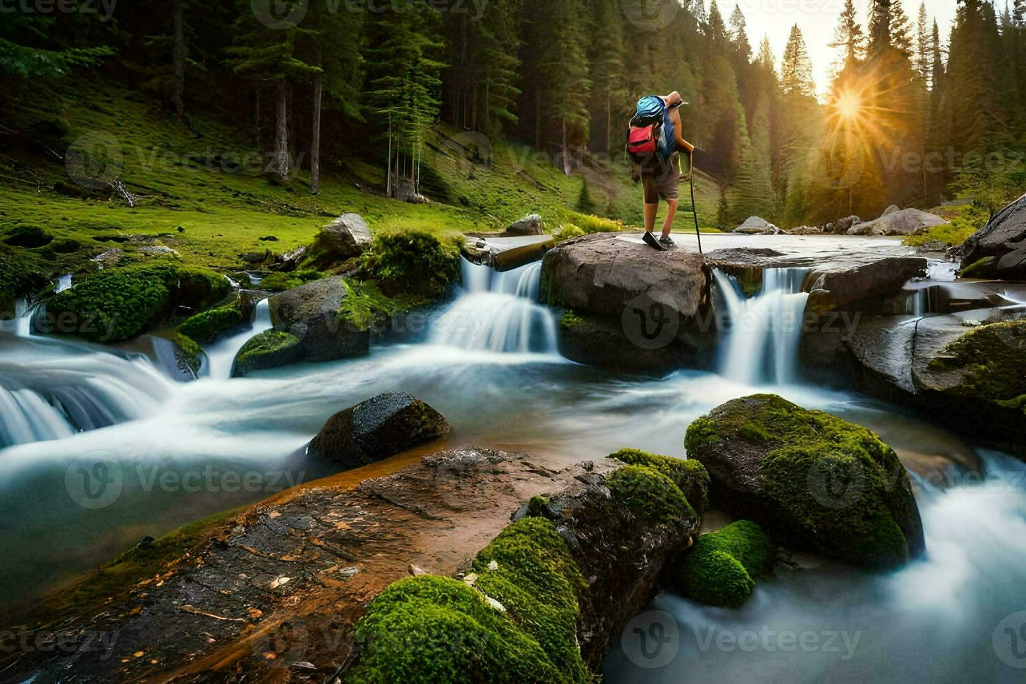 en man med en ryggsäck stående på en sten utsikt en ström. ai-genererad foto