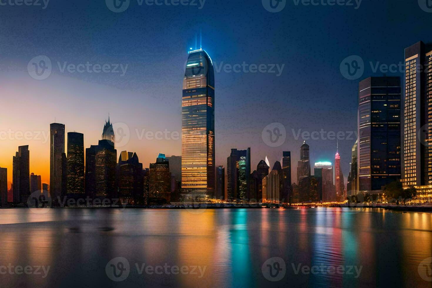 de horisont av ny york stad på skymning. ai-genererad foto