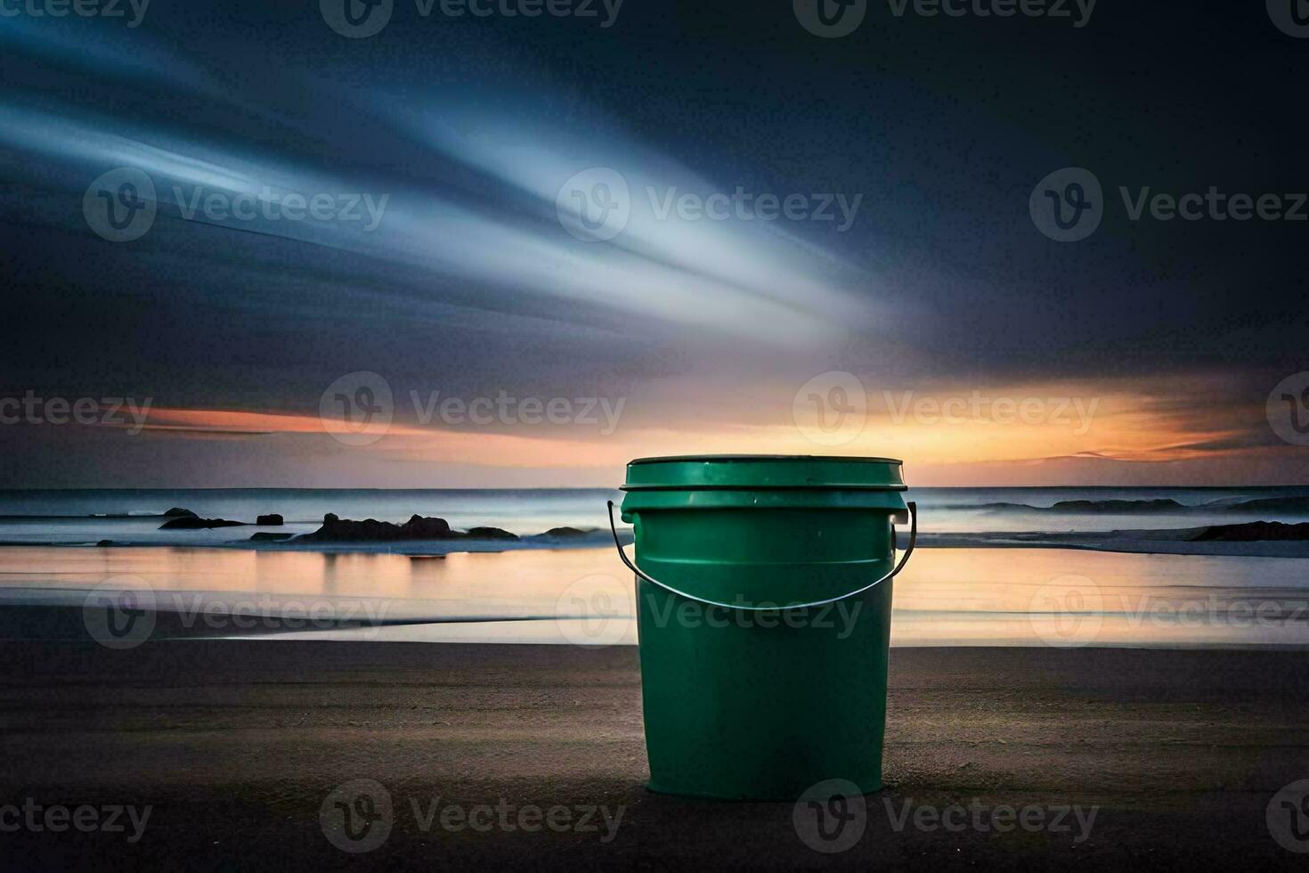 en grön hink på de strand på solnedgång. ai-genererad foto