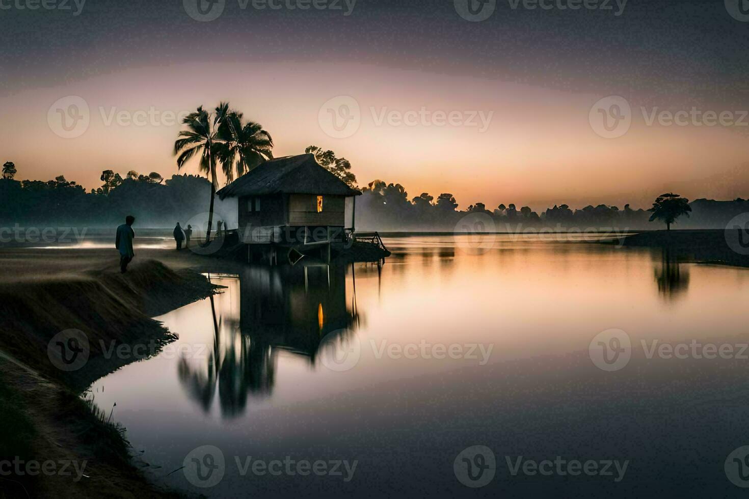 en hus på de Strand av en sjö på soluppgång. ai-genererad foto