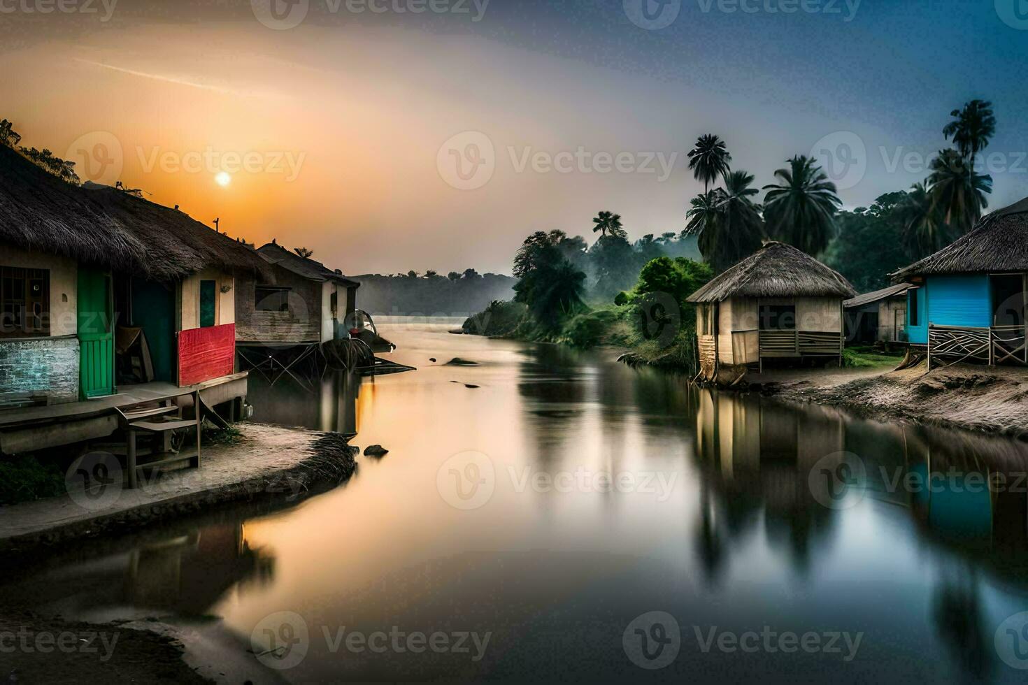 en flod med hus och handflatan träd på solnedgång. ai-genererad foto