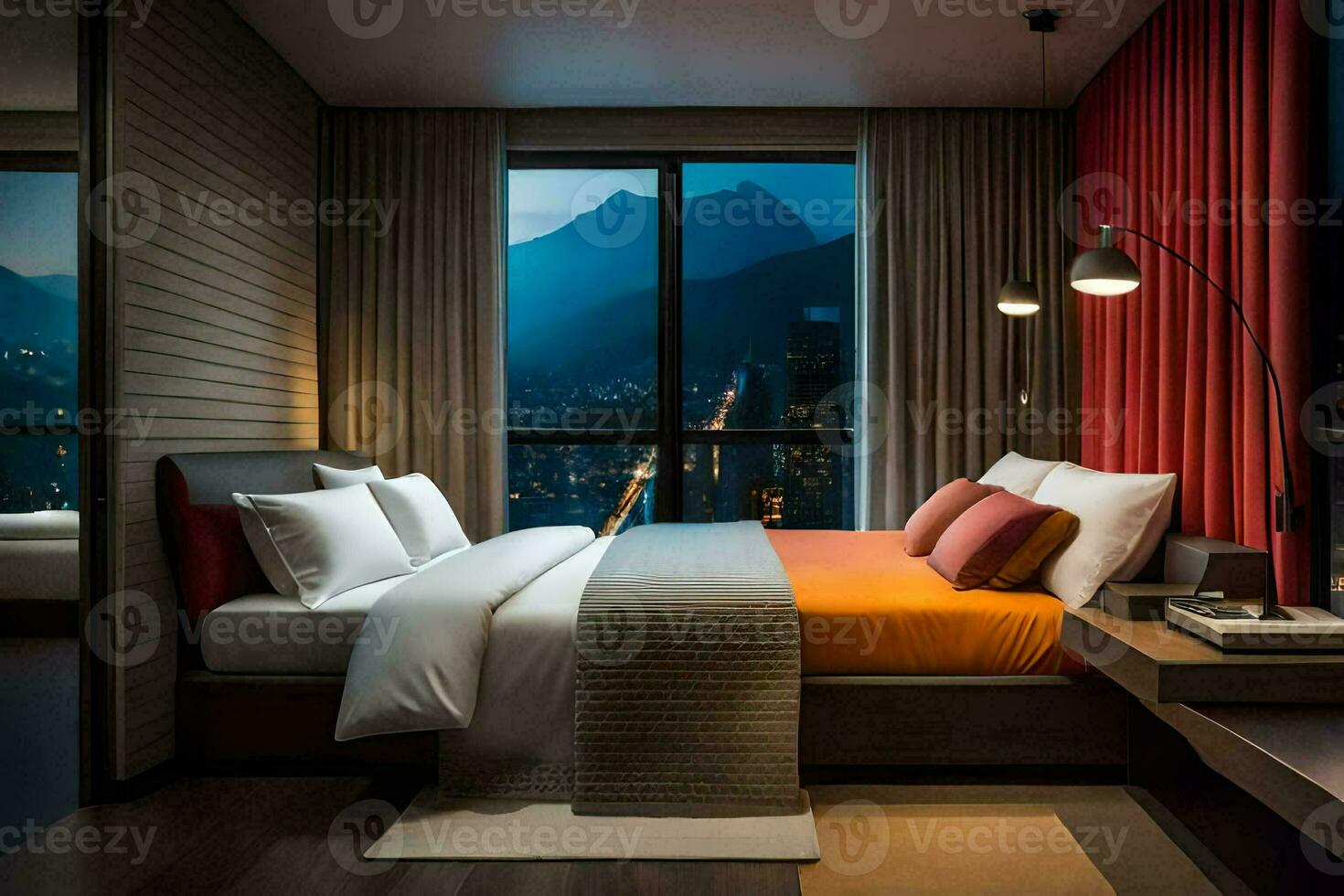 en sovrum med en se av de bergen på natt. ai-genererad foto