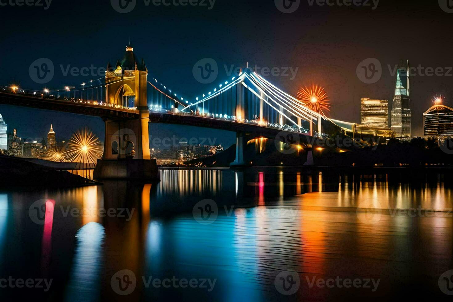 de stad horisont är reflekterad i de vatten på natt. ai-genererad foto