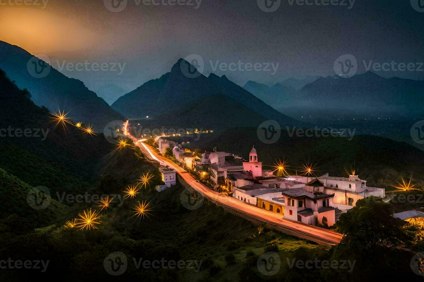 Foto tapet de himmel, berg, väg, by, stad, natt, de stad, de. ai-genererad