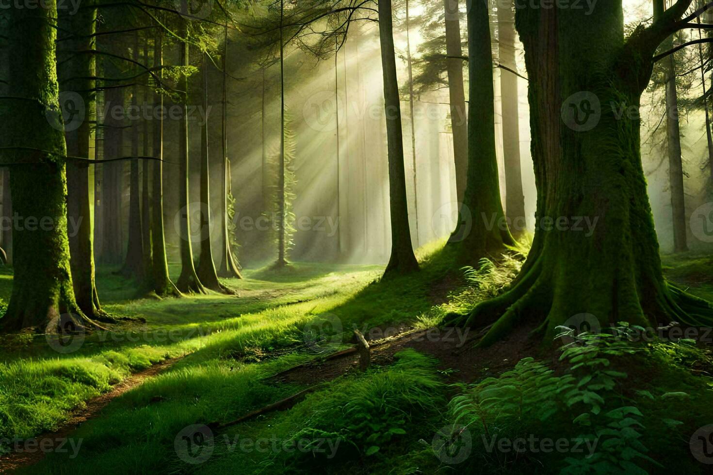 de Sol lyser genom de träd i en skog. ai-genererad foto