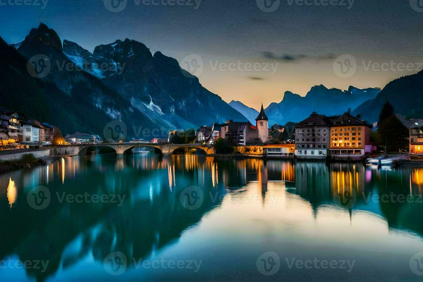 de stad av anne, schweiz, på skymning. ai-genererad foto