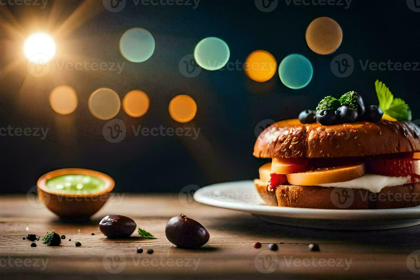 en smörgås med frukt och oliver på en tallrik. ai-genererad foto
