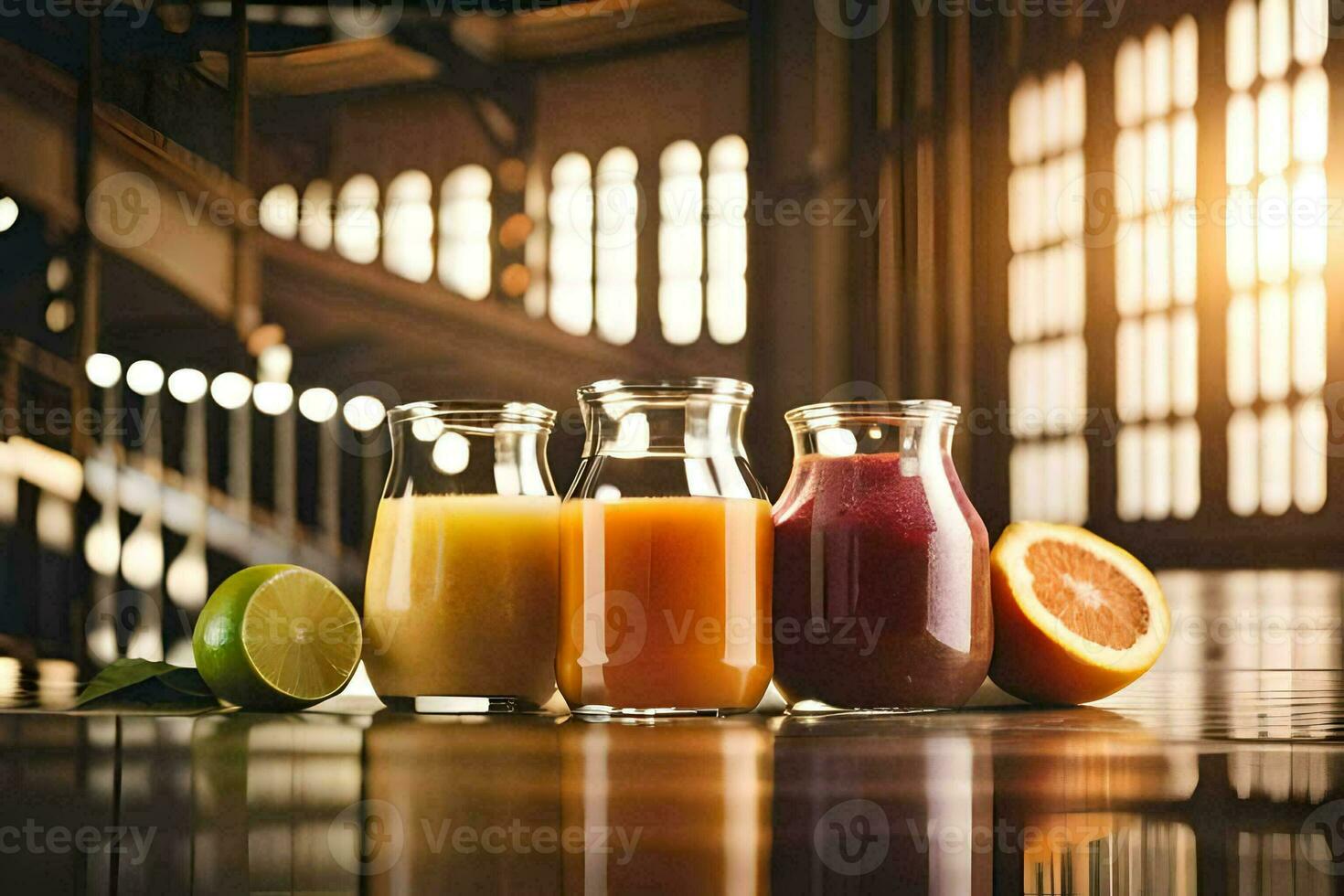 tre annorlunda typer av juicer i glas flaskor. ai-genererad foto