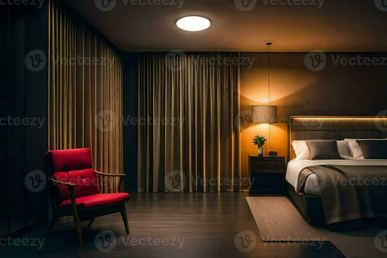 en hotell rum med en säng, stol och lampa. ai-genererad foto