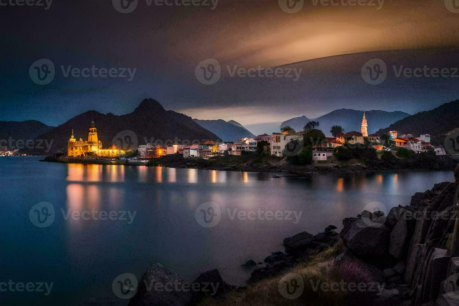 de måne stiger över de stad av kotor i de natt. ai-genererad foto